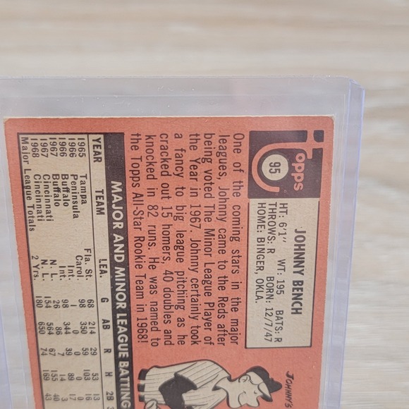 1968 Topps Johnny Bench Rookie Baseball Card ALL STAR Catcher Reds - Picture 6 of 7